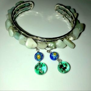 Stone bracelet and artisan glass drop earrings set